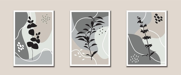 Abstracto minimalista hojas arte de línea arte botánico estampados arte de pared moderno de mediados de siglo