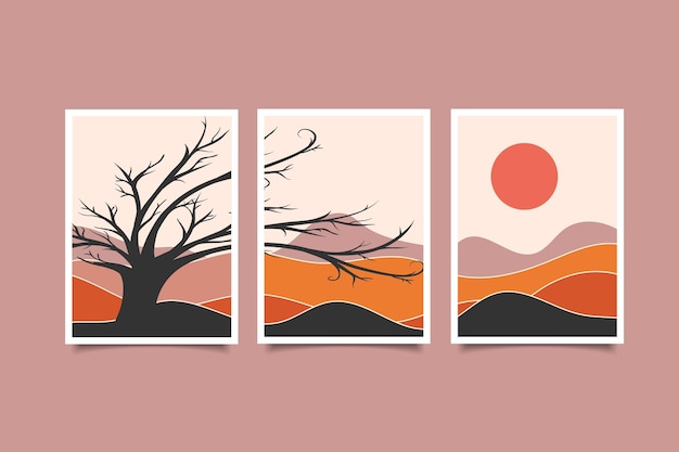 abstracto moderno paisaje boho estética contemporánea puesta de sol con sol y luna cartel de arte de pared