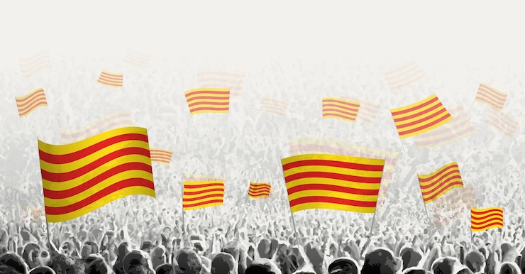 Vector abstracto multitud con bandera de cataluña pueblos protestan contra la revolución huelga y manifestación con bandera de catalonia