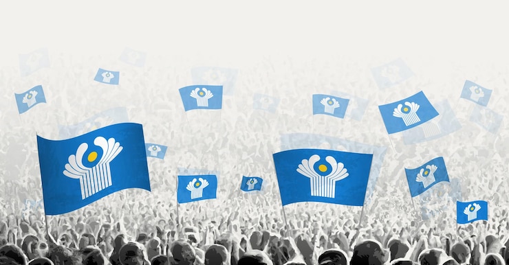 Vector abstracto multitud con la bandera de la cei los pueblos protestan contra la revolución huelga y manifestación con la bandera del cei