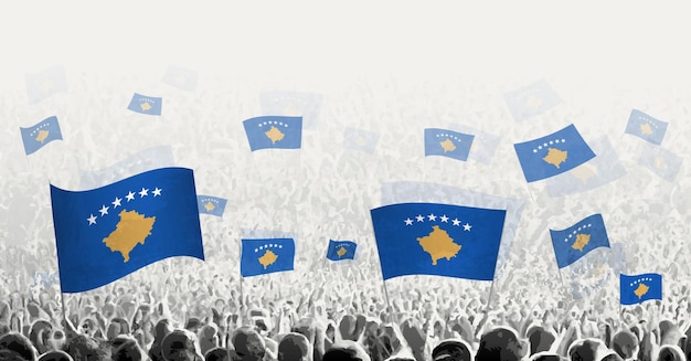 Abstracto multitud con bandera de Kosovo Los pueblos protestan contra la revolución huelga y manifestación con bandera de Kosova