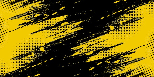 Abstracto Negro y amarillo Dirty Grunge Fondo con efecto de medio tono Fondo deportivo con ilustración de pincel