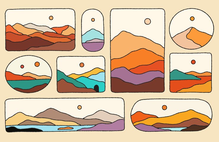 Abstracto paisaje estético montañas sol luna nubes cielo y mar agua conjunto vectorial de diseño