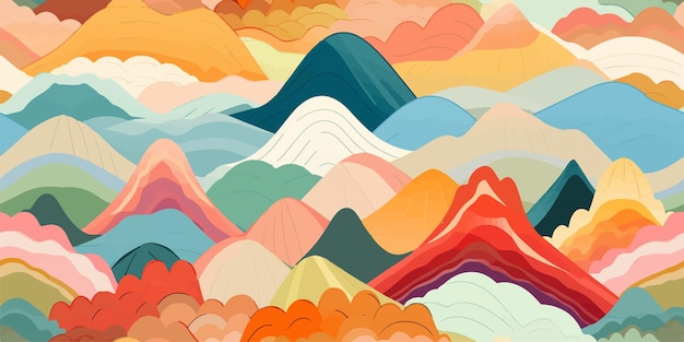 Abstracto paisaje de montaña patrón sin costuras fondo de olas colorido conjunto con texturas geométricas.