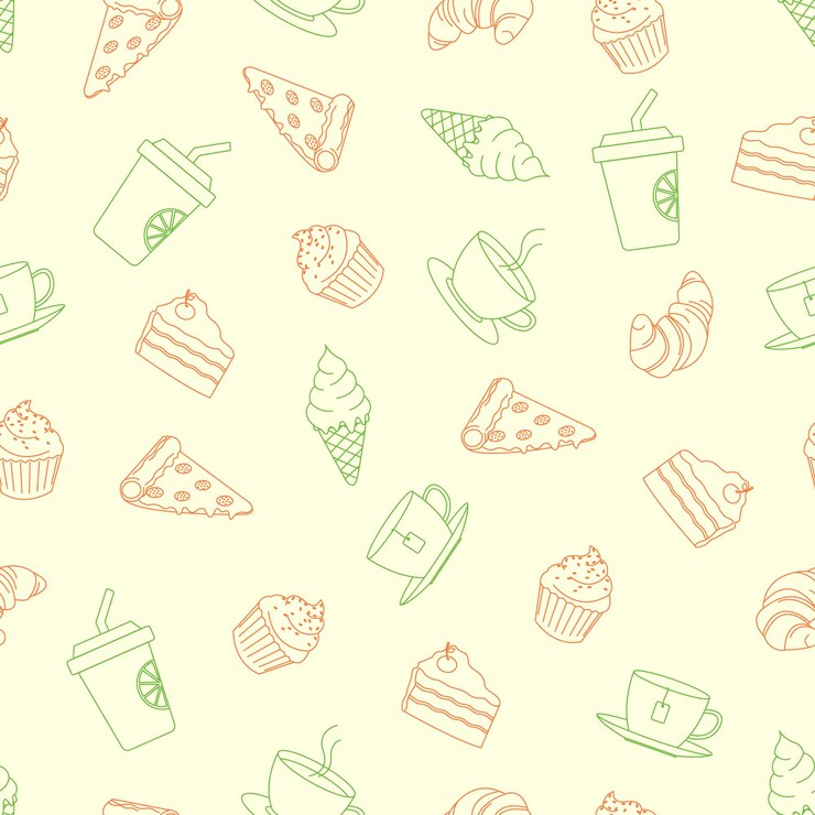Abstracto patrón sin costuras de conjunto de menú de cafetería café jugo de té helado pizza pastel pastel