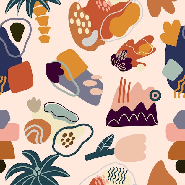 Abstracto Patrón sin costuras con diferentes figuras palmeras diseño textil