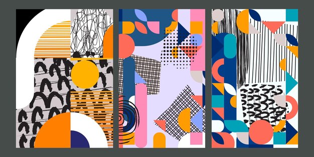 Abstracto patrón geométrico de Bauhaus conjunto de fondo vectorial colorido círculo triángulo líneas cuadradas