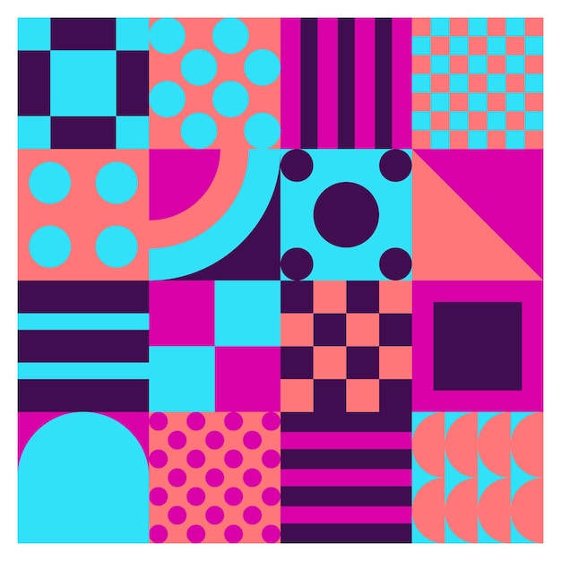 Abstracto patrón geométrico de Bauhaus fondo vector círculo triángulo y líneas cuadradas arte de color
