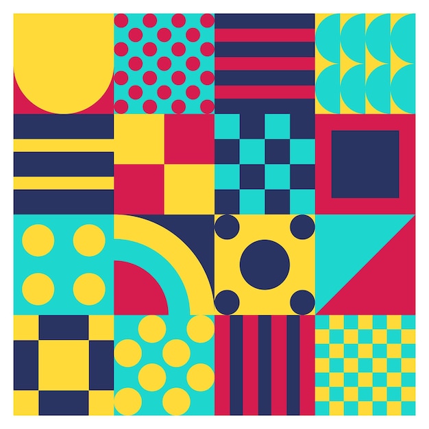 Abstracto patrón geométrico de Bauhaus fondo vector círculo triángulo y líneas cuadradas arte de color