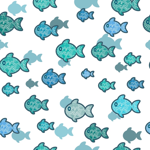 Abstracto de peces azules patrón sin costuras fondo vectorial con peces ornamentales aislados en blanco