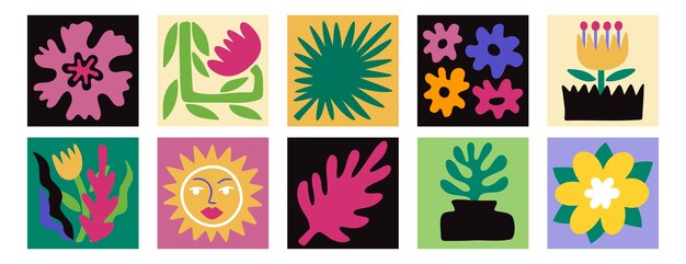 Abstracto poster de composición floral botánica moderna conjunto de estilo matisse naturaleza plantas boho cuadradas