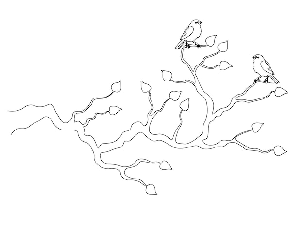 Abstracto rama ramificada con nudos árbol aves pequeñas continuo dibujo a mano de una sola línea de arte