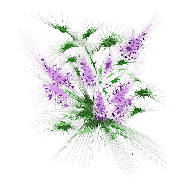 Abstracto ramo de flores florece de lilas con picos del desierto y estrellas