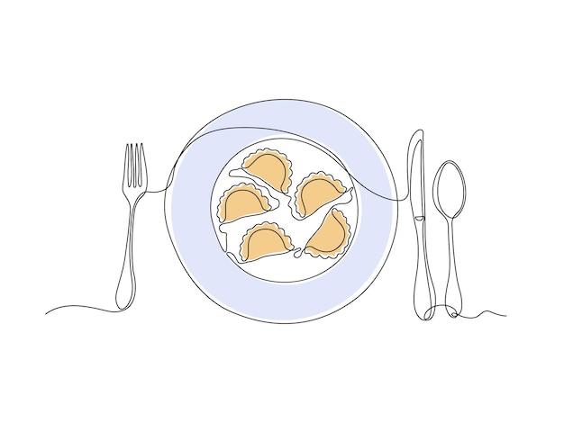 Abstracto ravioli de albóndigas en el plato continuo una sola línea de arte dibujo a mano boceto logotipo