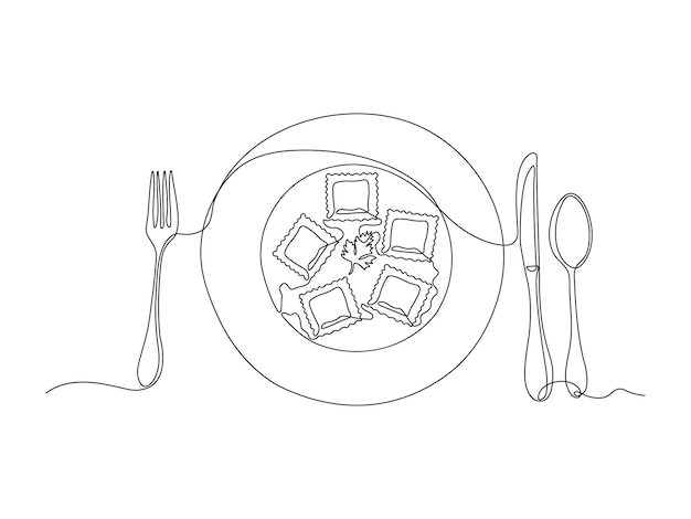 Abstracto ravioli de albóndigas en el plato continuo una sola línea de arte dibujo a mano boceto logotipo