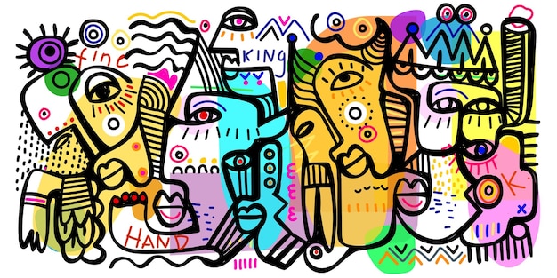 Abstracto retrato de rostro colorido labios ojos con líneas en negrita impresión de arte vectorial decorativa geométrica