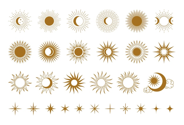 Abstracto sol mágico gráfico sol dorado amanecer elementos luna y estrellas astrología mística