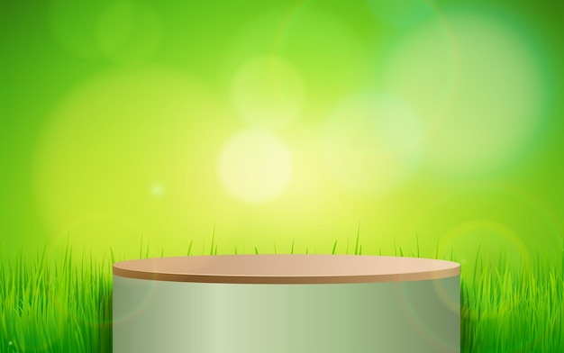 Abstracto stand de lujo podio diseño de cilindro 3D con campo de hierba verde natural y sol mínimo