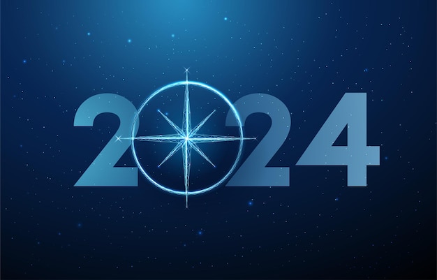 Abstracto Tarjeta de felicitación de Feliz Año Nuevo 2024 con brújula Diseño de estilo Low poly Fondo geométrico abstracto Estructura de luz Wireframe Concepto gráfico 3D moderno Ilustración vectorial