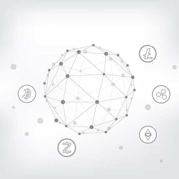 Abstracto Tecnología blockchain de criptomonedas Fondo Vector geométrico de puntos y líneas Ilustración