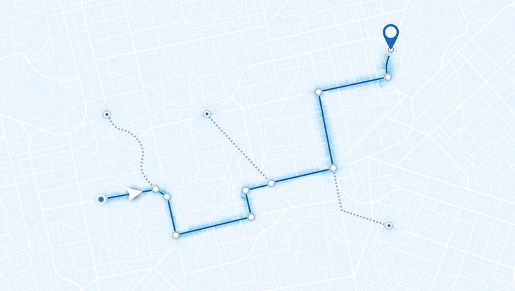 Vector abstracto ubicación de navegación gps y puntero de mapa mapa de la ciudad con señales direccionales una intención