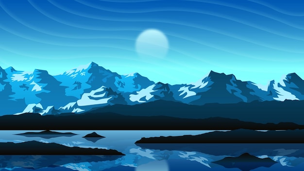 Abstracto Vector de fondo de invierno con gradiente del cielo con montañas, lago y luna Estilo de diseño del vector