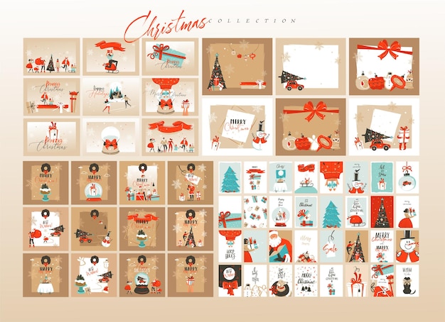 Abstracto vectorial dibujado a mano divertido Feliz Navidad Ilustraciones de dibujos animados plantilla de tarjetas de felicitación