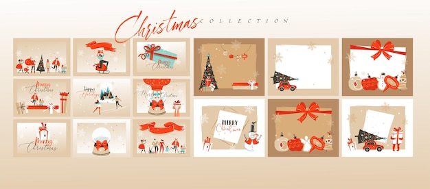 Abstracto vectorial dibujado a mano divertido Feliz Navidad Ilustraciones de dibujos animados plantilla de tarjetas de felicitación