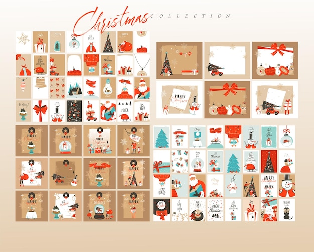 Abstracto vectorial dibujado a mano divertido Feliz Navidad Ilustraciones de dibujos animados plantilla de tarjetas de felicitación