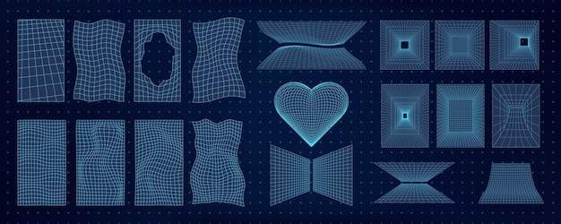 Abstracto wireframe formas 3d incluyendo cuadrículas de malla corazones y túneles diseño geométrico retro y2k