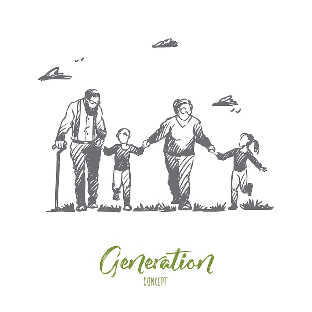 Abuela, abuelo, nietos, familia, concepto de generación. dibujado a mano feliz gran familia con abuela y abuelo bosquejo del concepto.