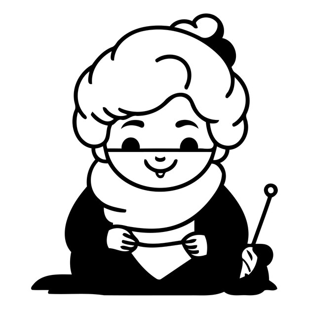 Vector abuela con agujas de tejer y bola de hilo ilustración vectorial