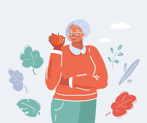 Abuela come manzana en blanco