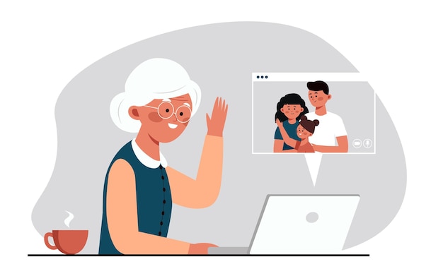 abuela comunicándose con la familia por enlace de video en la computadora con la cámara comunicándose