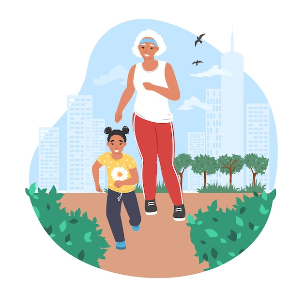 Vector abuela para correr con su nieta en el parque, ilustración vectorial. relaciones entre abuelos y nietos.