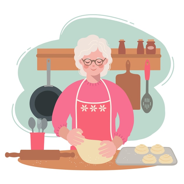 La abuela está en la cocina extendiendo la masa para bollos. Ilustración de una anciana preparando una comida.