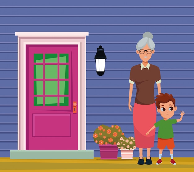 Abuela familiar con nietos de dibujos animados.