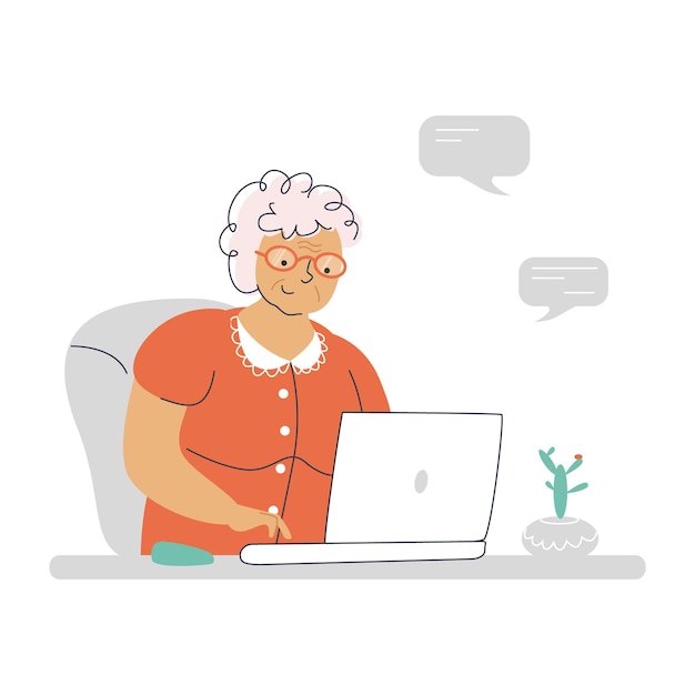 Vector abuela feliz se comunica a través de una computadora portátil computadora de anciana ilustración dibujada a mano