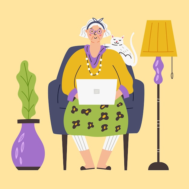 Vector abuela feliz con gato en portátil