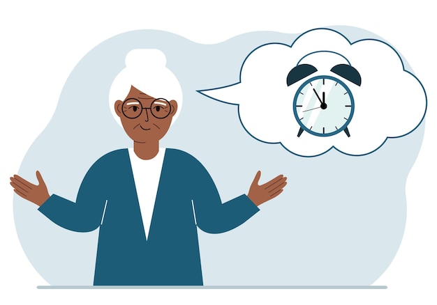 Vector abuela feliz con globo de pensamiento con reloj despertador. gestión del tiempo, planificación, organización del tiempo de trabajo, negocio efectivo, plazo.