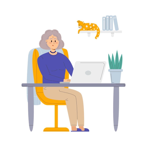 Abuela feliz con laptop y gato en estante