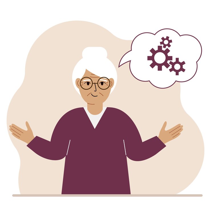 Vector la abuela feliz piensa soñar con el concepto de engranajes. una abuela está pensando en resolver un problema. globo con la imagen de tres engranajes.