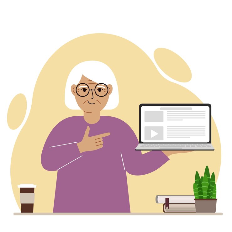 Vector abuela feliz sosteniendo una computadora portátil con una mano y apuntando con la otra. concepto de tecnología de computadora portátil. ilustración vectorial plana