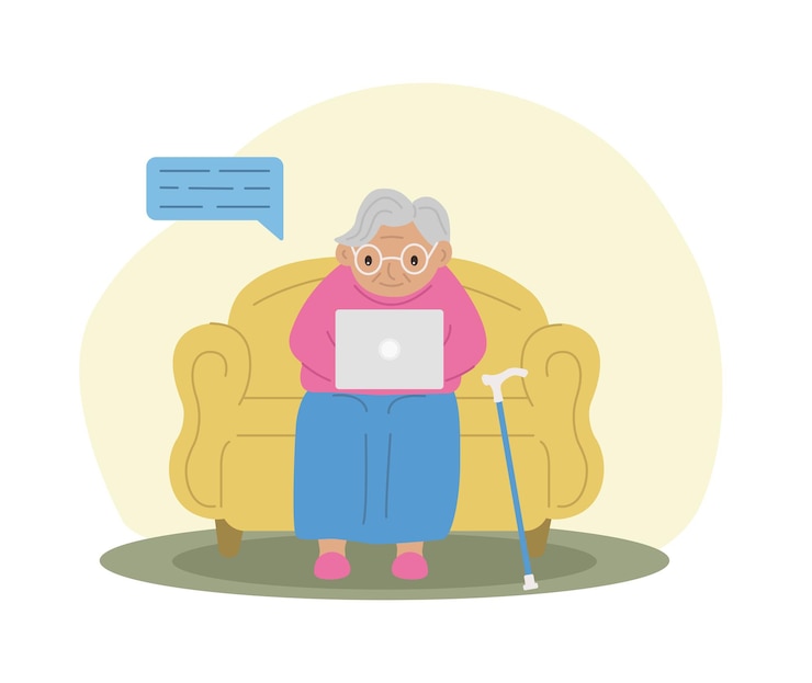 Vector abuela feliz con tecnología portátil y ancianos