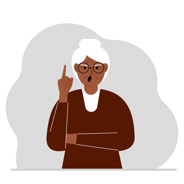 Abuela gritando levantando su dedo índice. vector