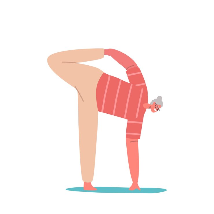 Vector abuela haciendo gimnasia personaje femenino anciano yoga estiramiento pilates práctica aislado senior mujer fitness