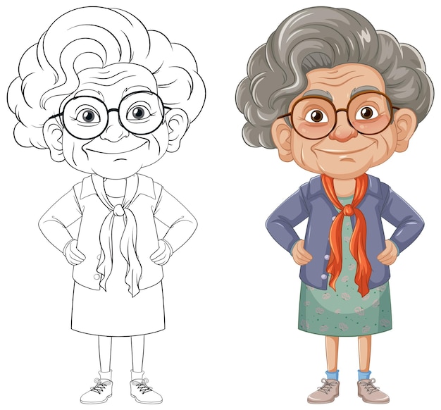 Abuela con un hermoso vestido y un personaje de dibujos animados Cardigan