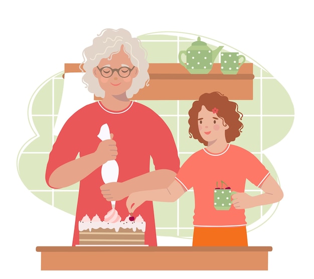 Vector abuela y nieta decoran un pastel de cumpleaños.