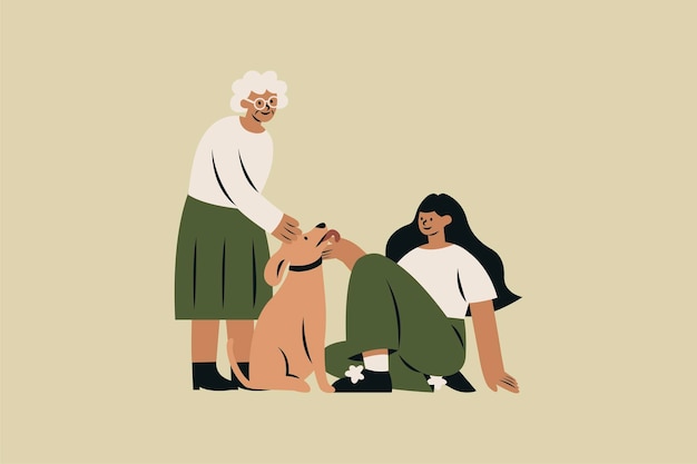 Abuela y nieta con una ilustración vectorial de perros