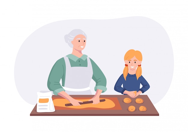 Vector la abuela y la nieta juntan cocinar la cena en la mesa en la cocina. concepto de personaje de dibujos animados preparando comidas en casa en estilo plano. ilustración